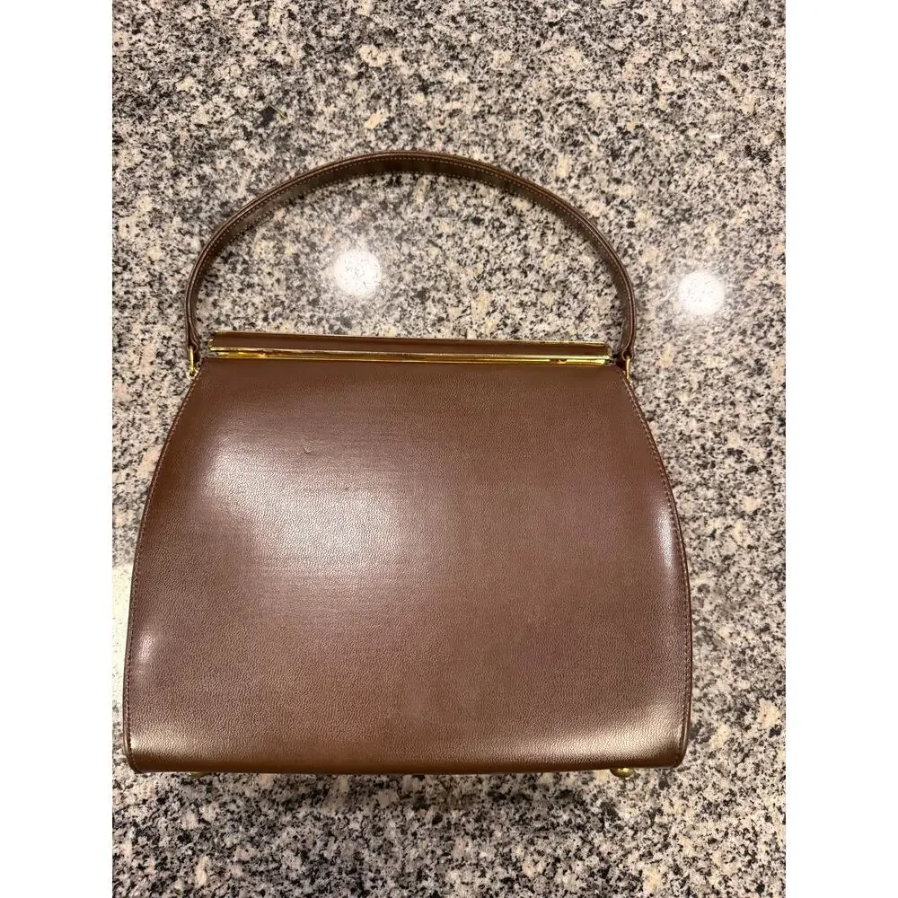Vintage 1950s Brown & Cream Structured Top Handle Handbag
